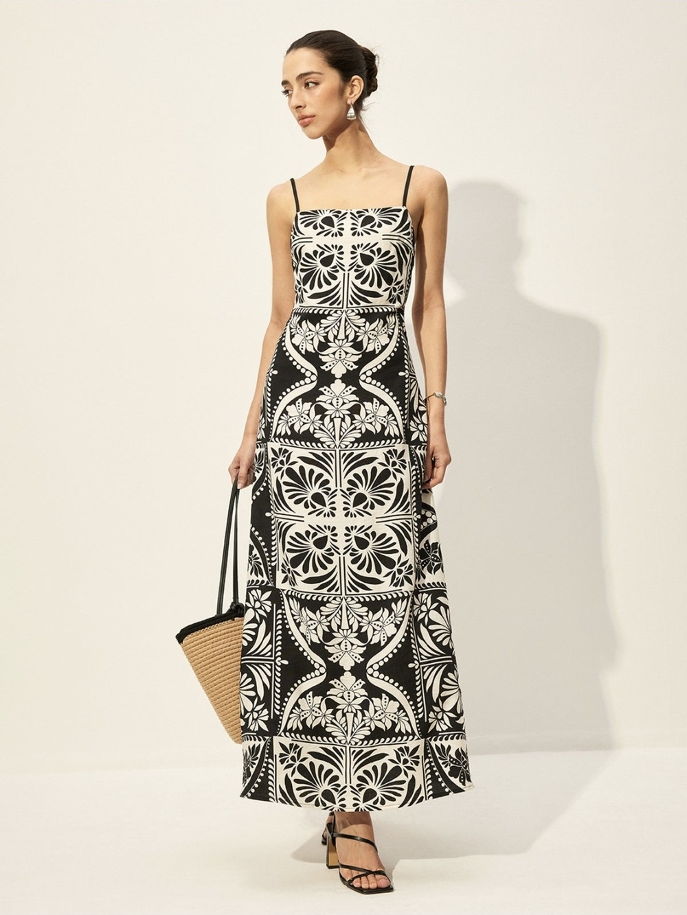 Commense Black and White Tile-Print Maxi Dress